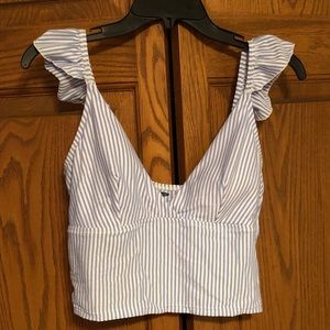 Blue and White Striped Ruffle Sleeve Bikini Top